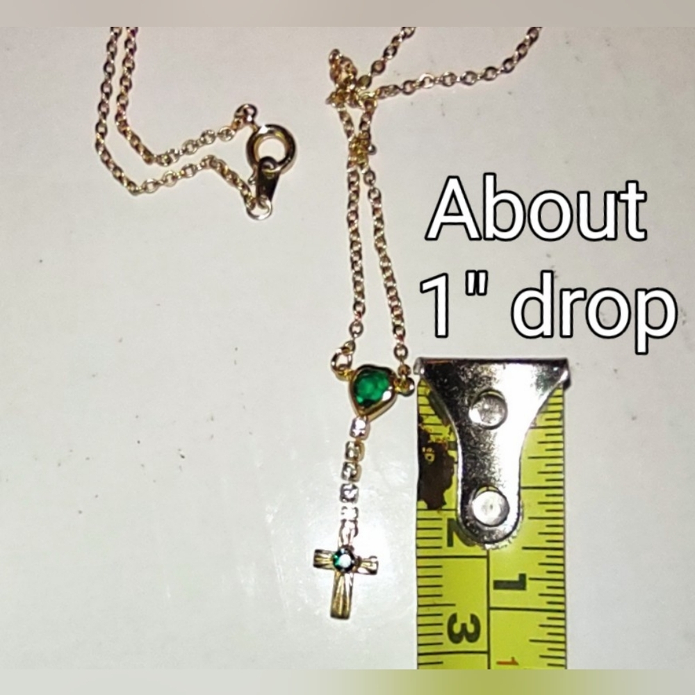 Emerald Green Heart + Connected Dangling Gold Cross Necklace - Picture 4 of 15
